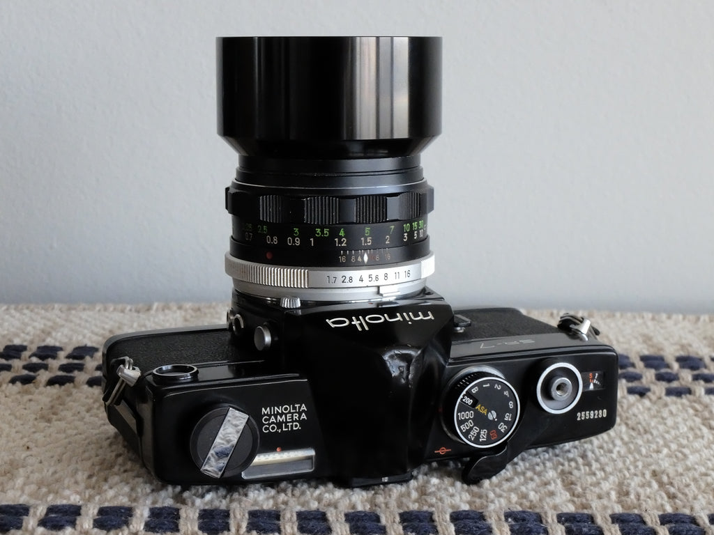 Minolta SR-1 Black Paint & Rokkor-PF 55mm f1.7 w/ Hood, Filter & New Light Seals
